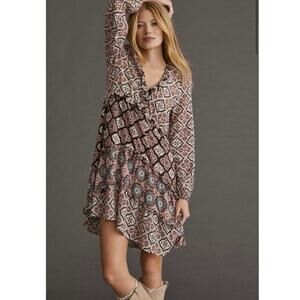 Anthropologie Tiered V-Neck Long Sleeve Floral Printed Boho Peasant Dress Medium